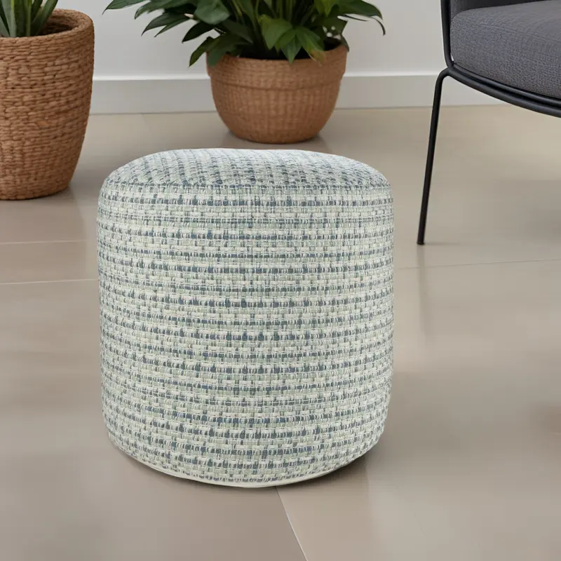 Blue Polyester Round Geometric Indoor Outdoor Pouf Ottoman By Homeroots