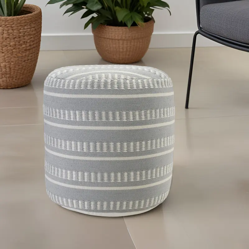 Blue Polyester Round Striped Indoor Outdoor Pouf Ottoman By Homeroots