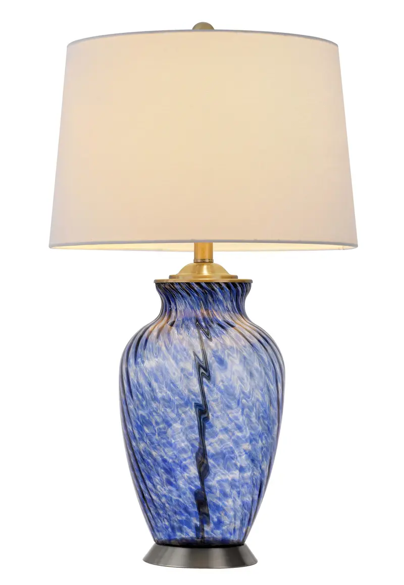 Blue Swirl Glass Table Lamp With White Empire Shade By Homeroots