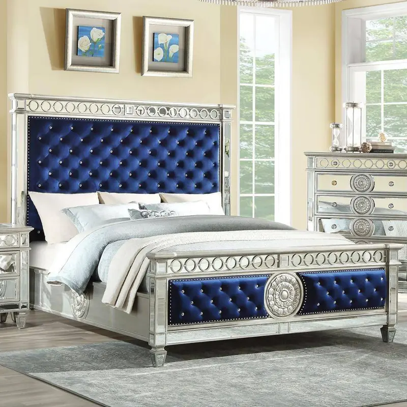 Blue Velvet Wood Mirror Upholstered Hbfb King Bed By Homeroots