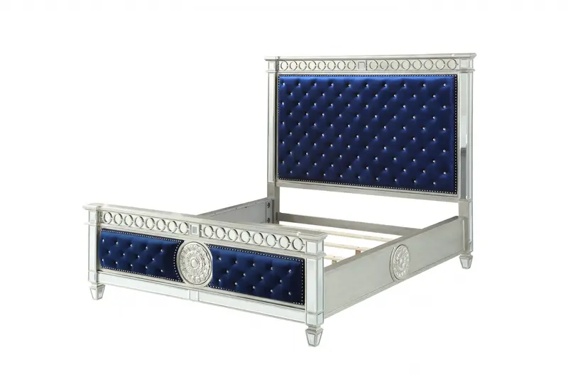 Blue Velvet Wood Mirror Upholstered Hbfb Queen Bed By Homeroots