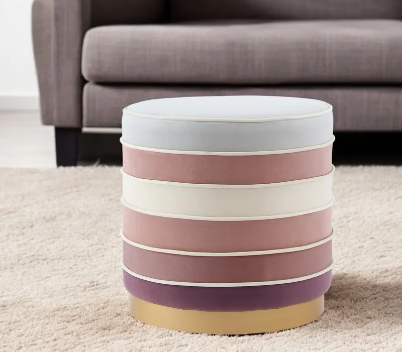 Blush Velvet And Gold Round Striped Ottoman By Homeroots