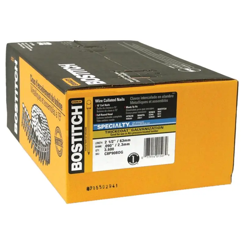 Bostitch 2-1/2 in. L X 13 Ga. Angled Coil Galvanized Siding Nails 15 deg 3,600 pk - Open Box