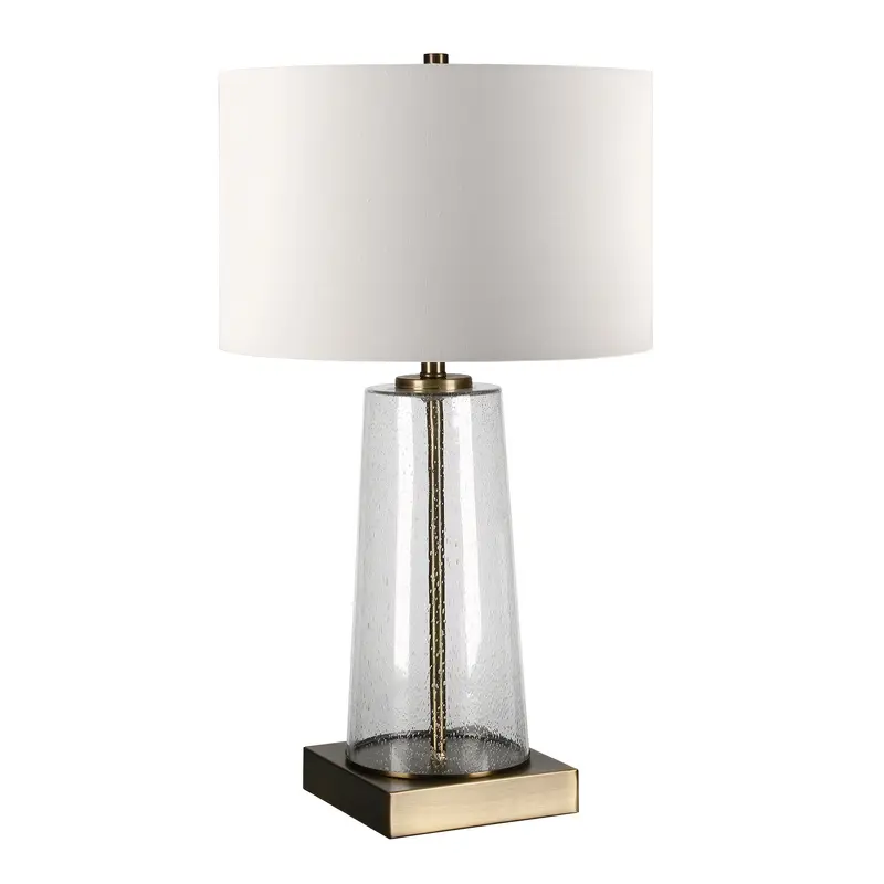 Brass and Clear Metal and Glass Table Lamp With White Drum Shade By Homeroots