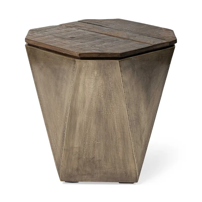 Brass and Natural Wood Side Table with Hexagonal Hinged-Top By Homeroots