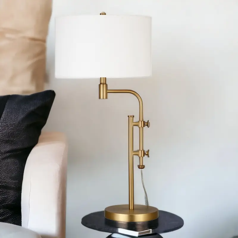 Brass Metal Adjustable Table Lamp With White Drum Shade By Homeroots