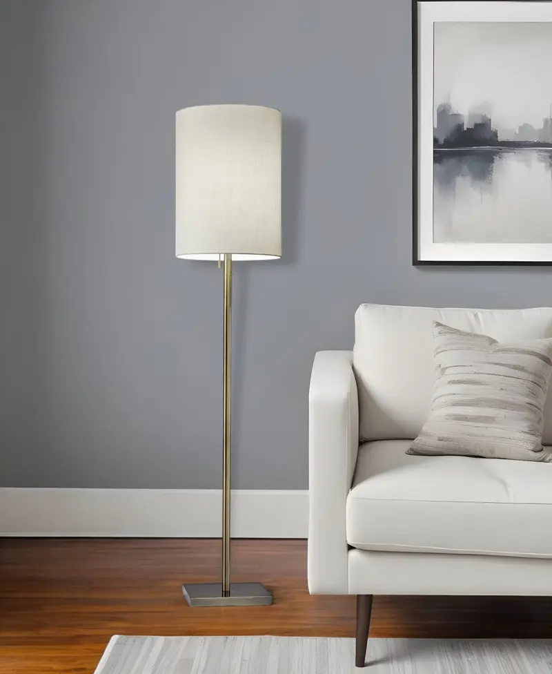 Brass Metal Floor Lamp With White Fabric Cylinder Shade By Homeroots