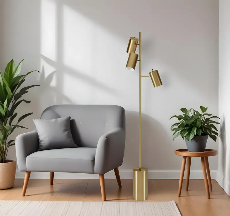 Brass Three Light Tree Floor Lamp With Brass Metal Cylinder Shade By Homeroots