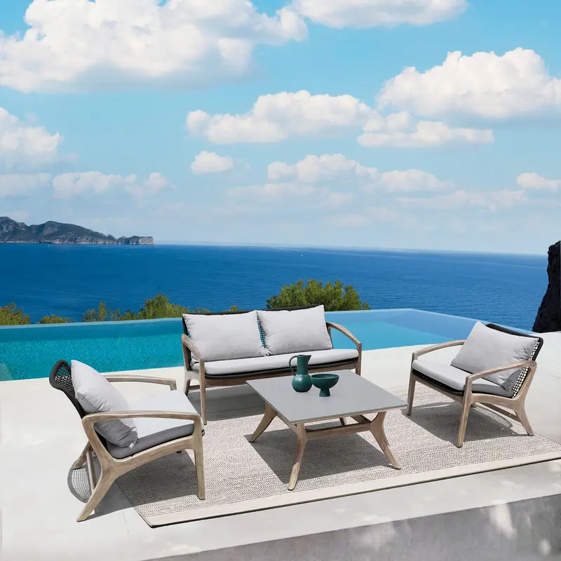 Brighton 4 Piece Outdoor Patio Seating Set in Light Eucalyptus Wood with Charocal Rope and White Cushions By Armen Living