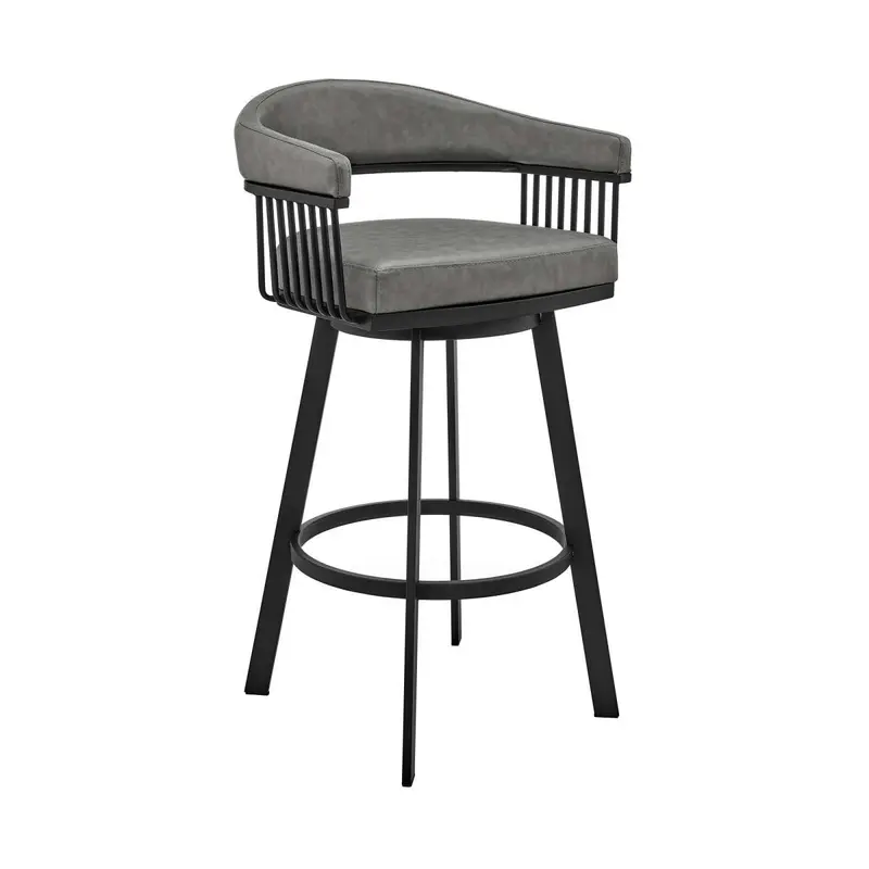 Bronson 30" Bar Height Swivel Bar Stool in Black Finish and Gray Faux Leather By Armen Living