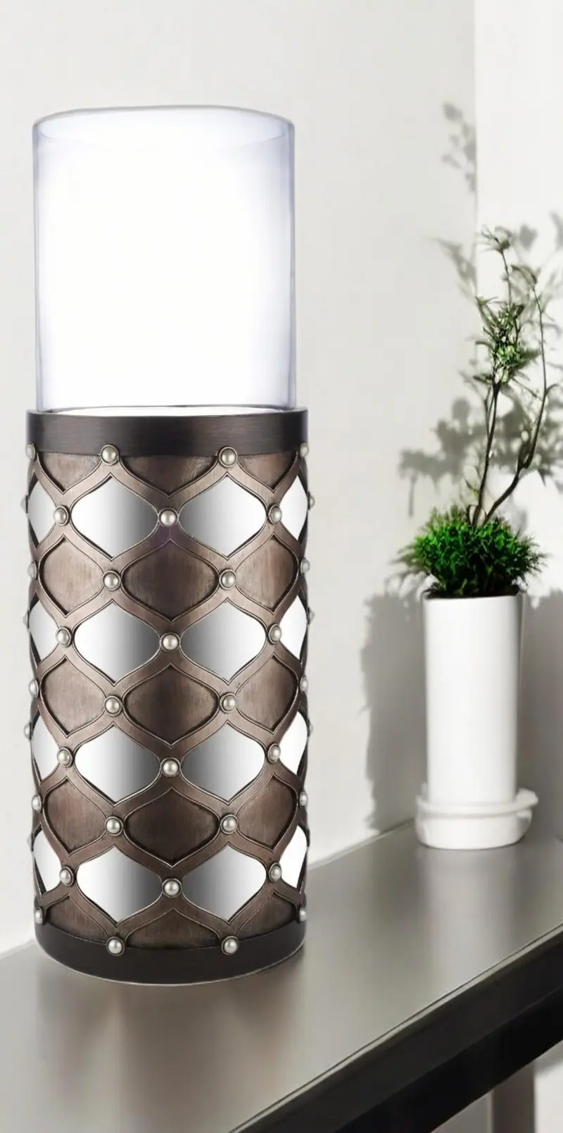 Bronze and Silver with Pearls Floor Hurricane Candle Holder By Homeroots