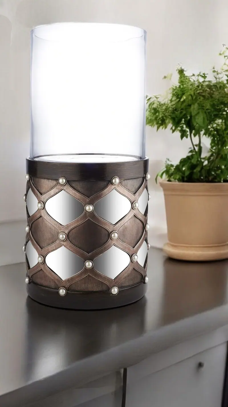 Bronze and Silver with Pearls Tabletop Hurricane Candle Holder By Homeroots