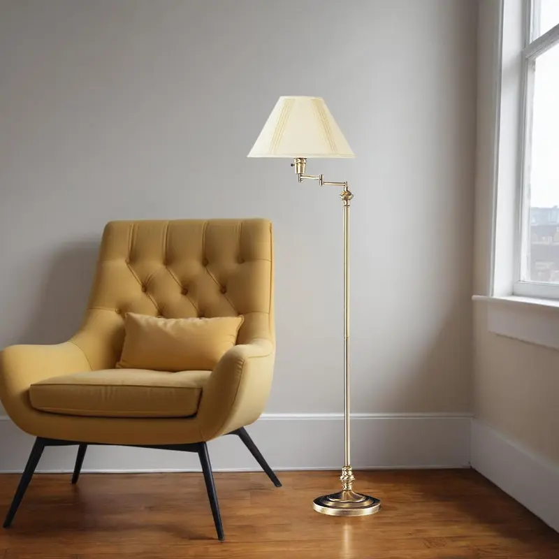 Bronze Metal Swing Arm Floor Lamp With Beige Fabric Empire Shade By Homeroots