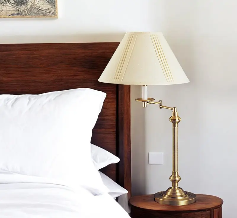Bronze Metal Swing Arm Table Lamp With Off White Empire Shade By Homeroots