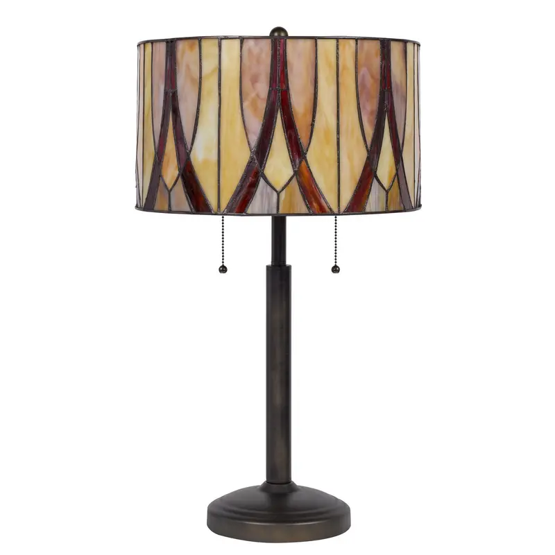 Bronze Metal Two Light Table Lamp With Red And Ivory Drum Shade By Homeroots