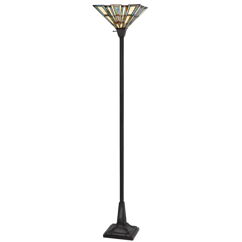 Bronze Torchiere Floor Lamp With Gray and Ivory Abstract Tiffany Glass Novelty Shade By Homeroots