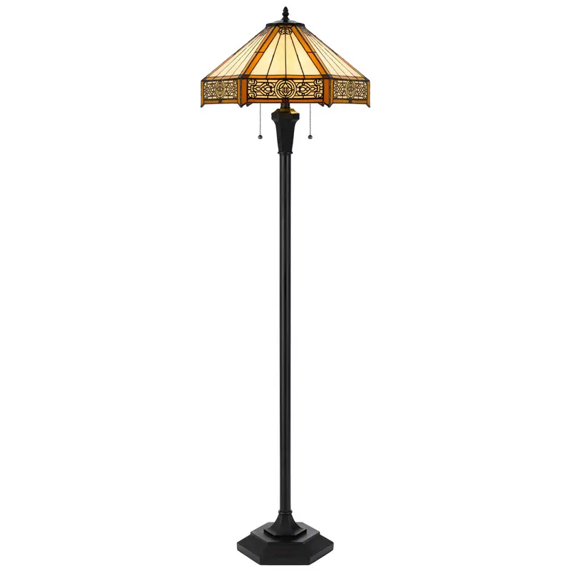 Bronze Two Light Traditional Shaped Floor Lamp With Orange and Ivory Abstract Tiffany Glass Empire Shade By Homeroots
