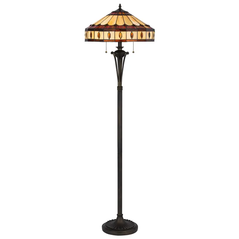 Bronze Two Light Traditional Shaped Floor Lamp With Purple and Ivory Abstract Tiffany Glass Empire Shade By Homeroots