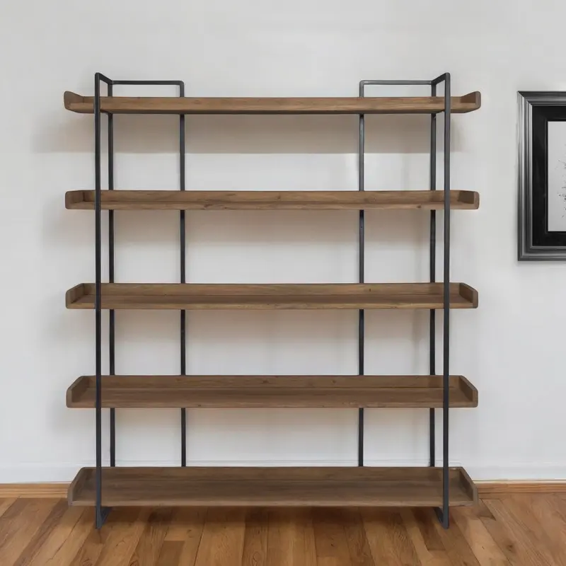 Brown and Black Metal and Wood Five Tier Bookcase By Homeroots