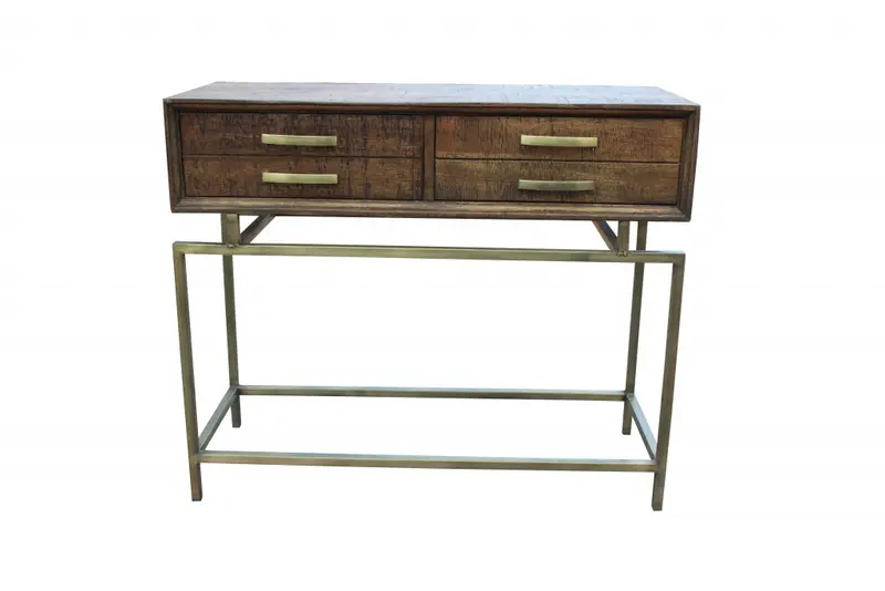 Brown and Brass Solid Wood Distressed Frame Console Table With Storage By Homeroots