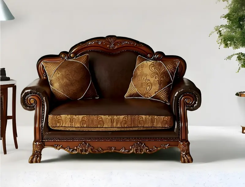 Brown And Redwood Faux Leather Loveseat and Toss Pillows By Homeroots