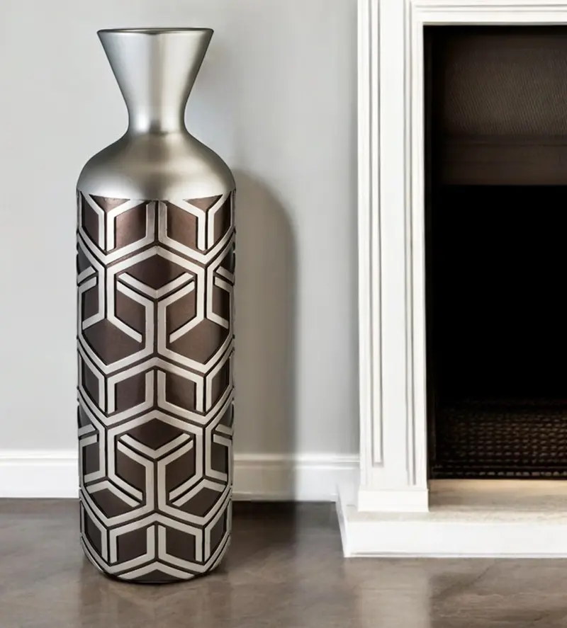 Brown and Silver Geometric Cylinder Polyresin Floor Vase By Homeroots