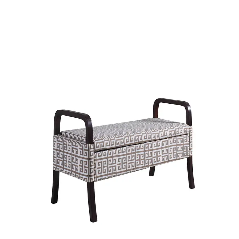 Brown and White Greek Key Wooden Storage Bench with Handles By Homeroots