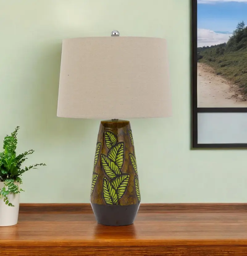 Brown Ceramic Cylinder Table Lamp With Tan Empire Shade By Homeroots