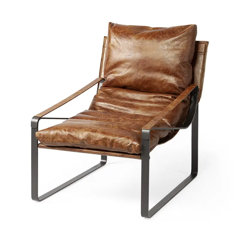 Brown Leather Unibody Seat Accent Chair with Black Metal Frame By Homeroots