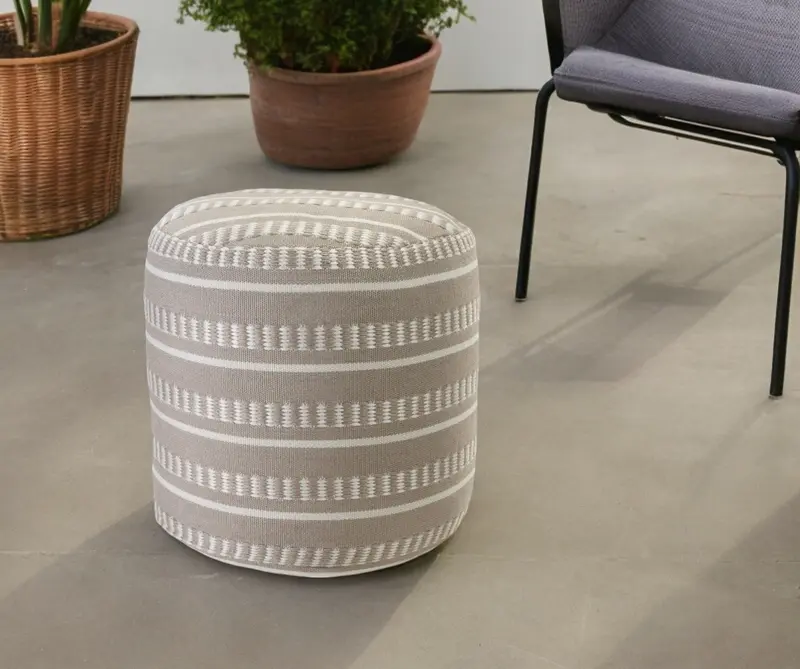 Brown Polyester Round Striped Indoor Outdoor Pouf Ottoman By Homeroots