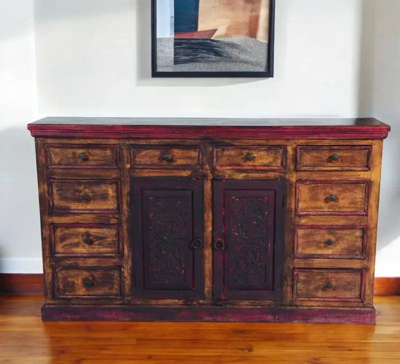 Brown Solid Wood Ten Drawer Buffet Table with Two Doors By Homeroots