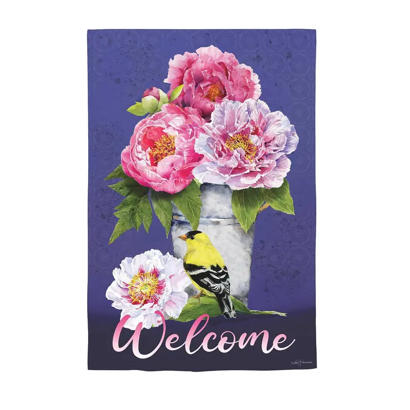 Bucket of Peonies Suede House Flag