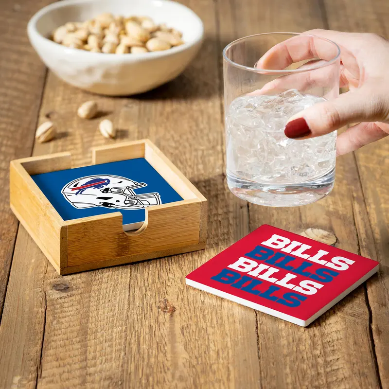 Buffalo Bills Ceramic Coasters Set, 4pcs with Wood Caddy