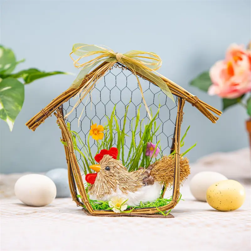 Bunny Blooms Faux Floral Table Decor Natural Fiber Chicken Coop with Florals, 10.5"L