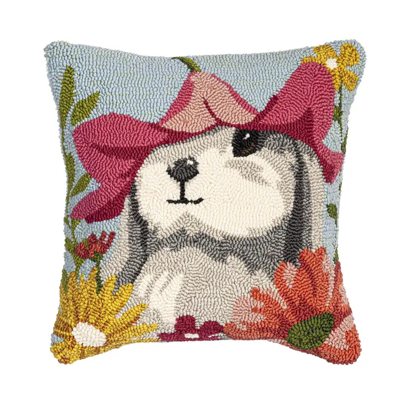 Bunny Blooms Flower Time Indoor/Outdoor Hooked Pillow 18"x18"