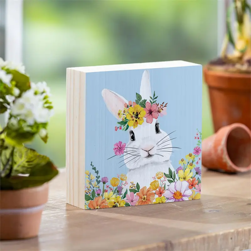 Bunny Blooms Sign Wood Block, 6"x6"