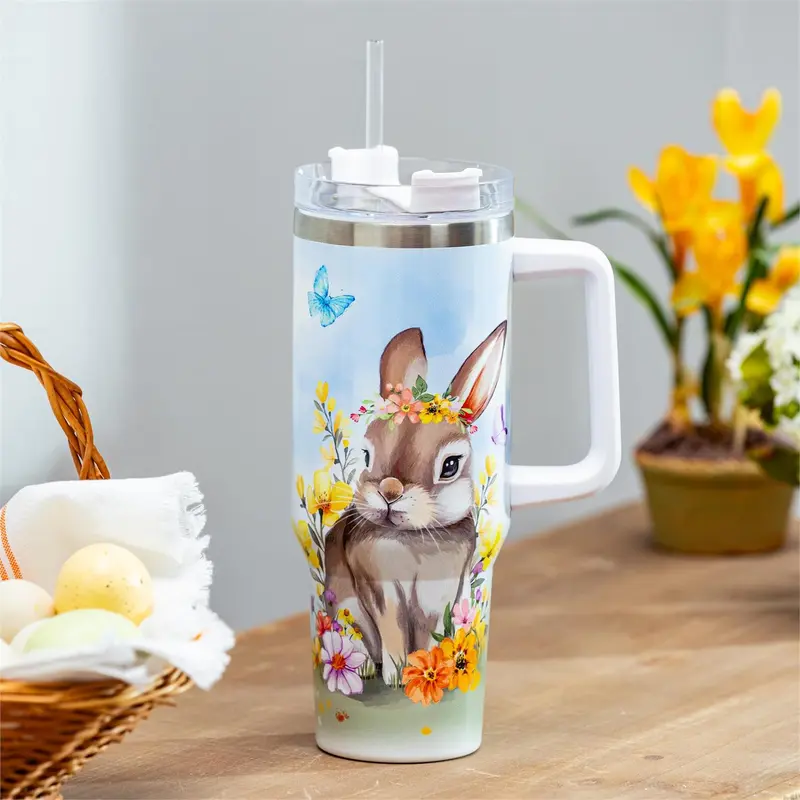 Bunny Blooms Tumbler Canyon Cup Double Wall Stainless Steel, Bunny in Field, 40oz, Gift Box