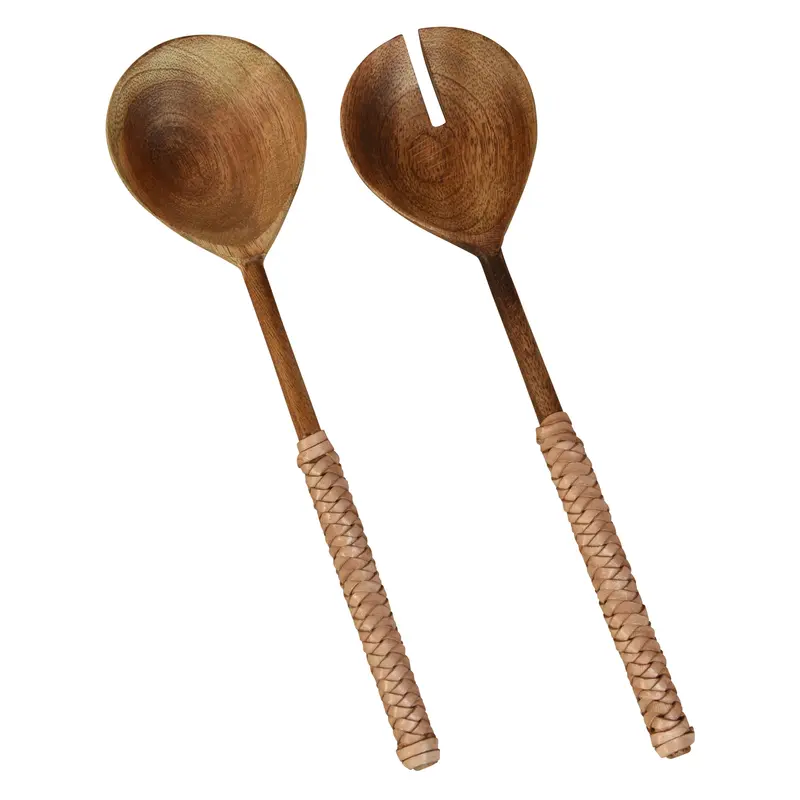 Burke Salad Servers, Wood & Natural Leather Set Of 2 By HomArt