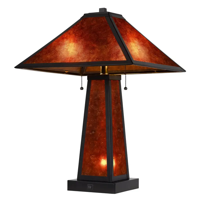 Burnt Orange Metal Two Light Table Lamp With Amber Square Shade By Homeroots
