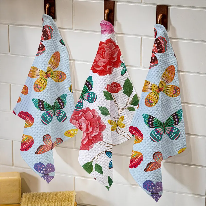 Butterfly Toile Quick Dry Dish Cloth, Set of 3, 10" x 10"