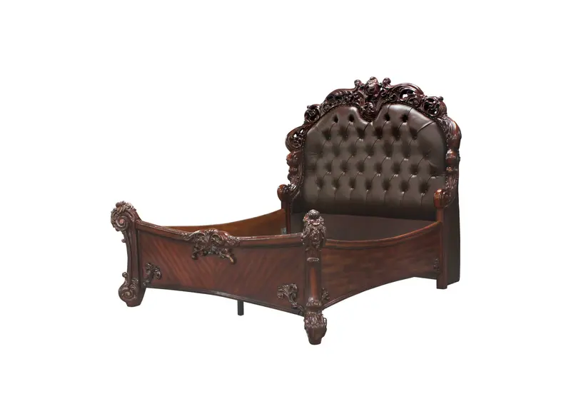 California King Size Elaborately Carved Cherry Wood Finish Bed With Tufted Dark Faux Leather Headboard By Homeroots