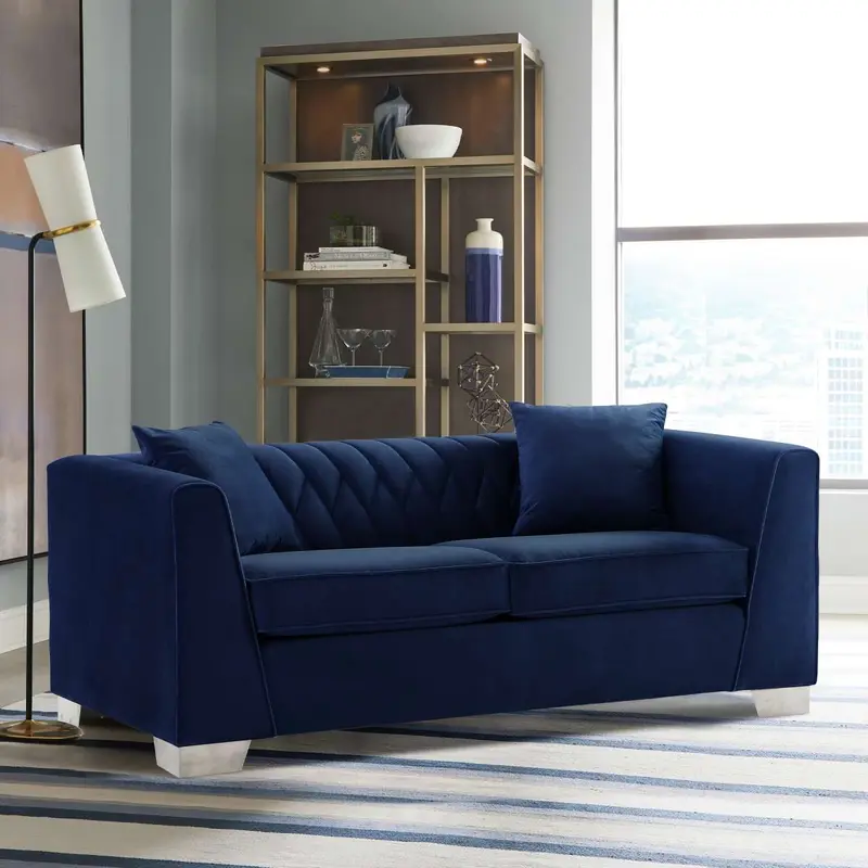 Cambridge Contemporary Loveseat in Brushed Stainless Steel and Blue Velvet By Armen Living