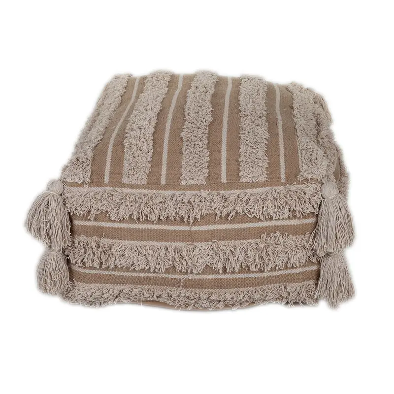 Camel Fringe Striped Pouf By Homeroots