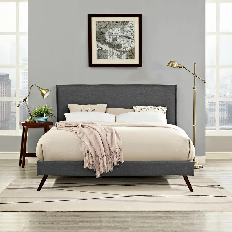 Camille Fabric Queen Platform Bed with Round Splayed Legs by Modway