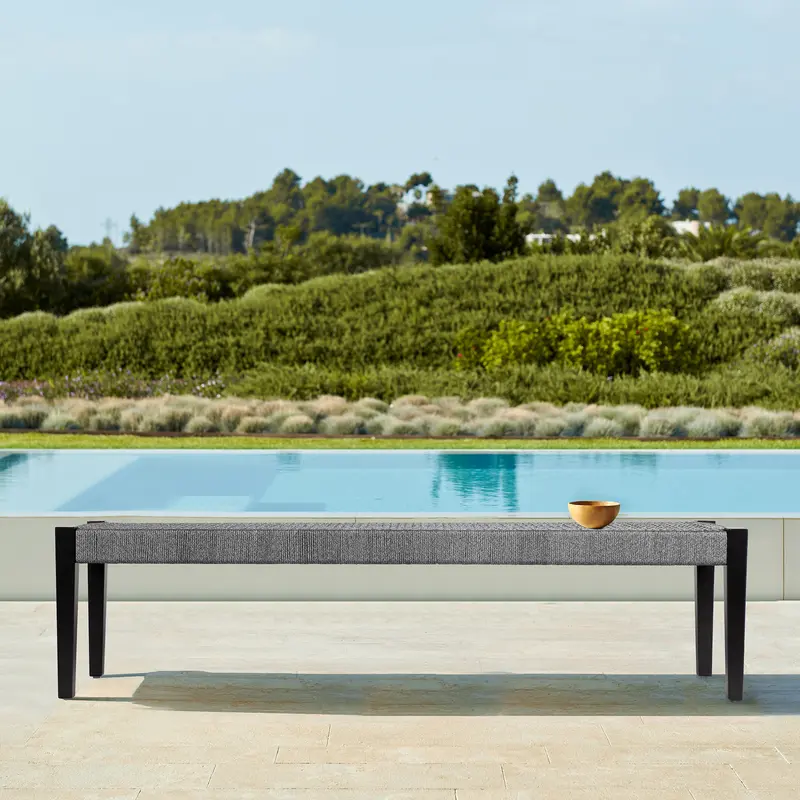 Camino Indoor Outdoor Dining Bench in Eucalyptus Wood and Grey Rope By Armen Living