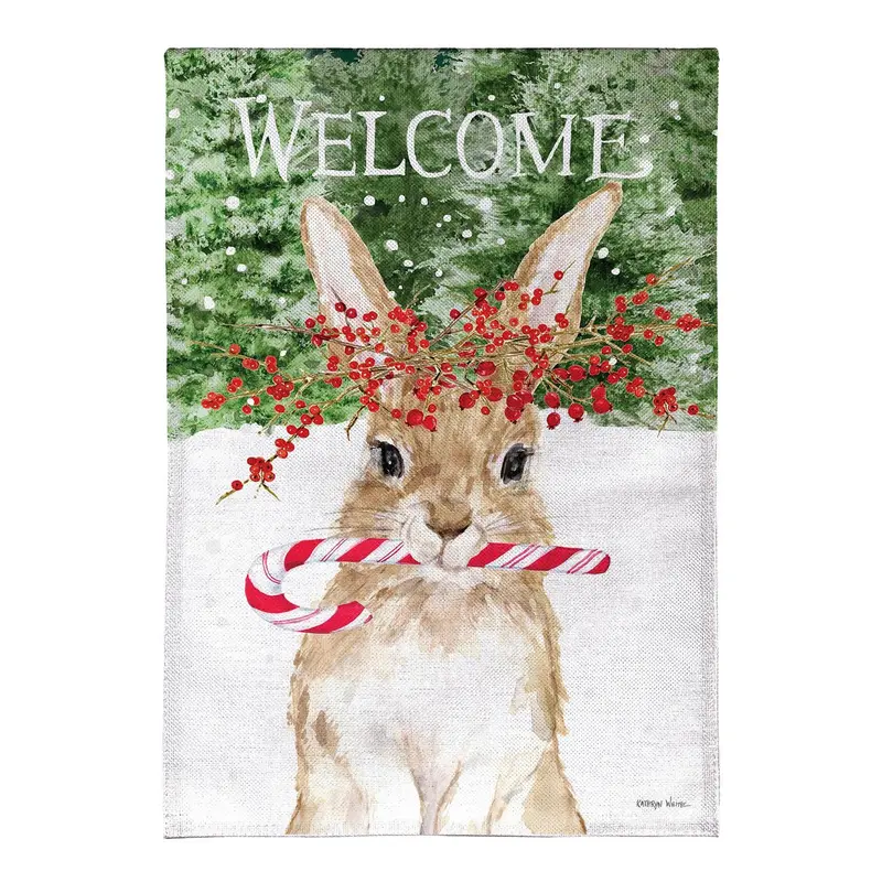 Candy Cane Rabbit Burlap House Flag