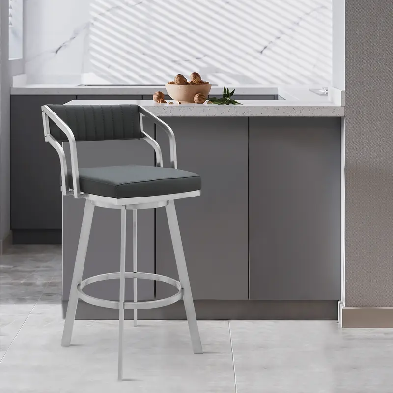 Capri 30" Swivel Modern Metal and Slate Gray Faux Leather Bar and Counter Stool By Armen Living