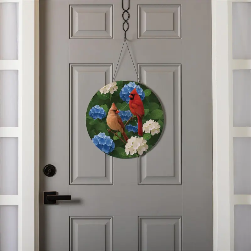 Cardinal Couple Among Hydrangea 16"D Door Décor