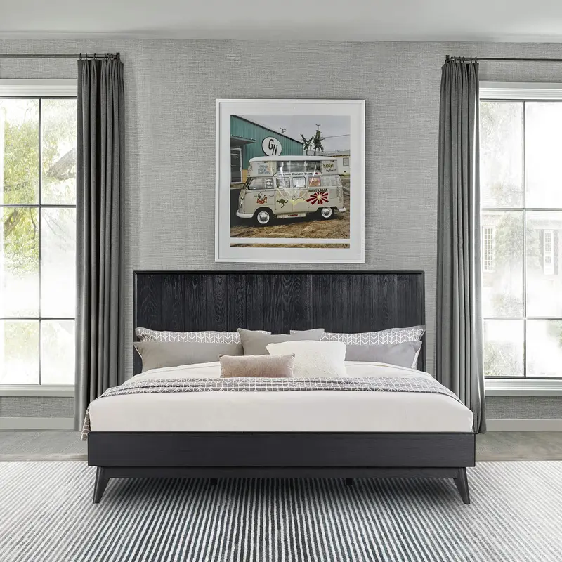 Carnaby King Platform Bed Frame in Black Brushed Oak Wood By Armen Living