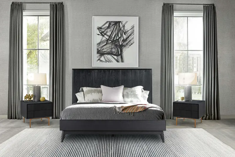 Carnaby Queen 3 Piece Bedroom Set in Black Brushed Oak Wood By Armen Living